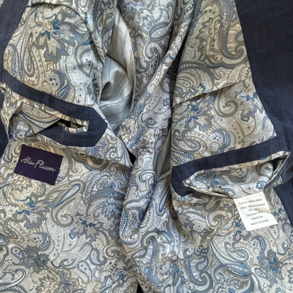 Alan Flusser Linen Blazer Mens 46 L Blue Paisley Lining Coastal Beach Wedding